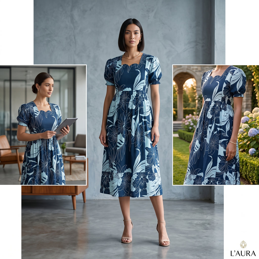Navy Blue Tropical Floral Feeding Dress – Hidden Zip Access, Puff Sleeves, Scallop Neck, Empire Waist