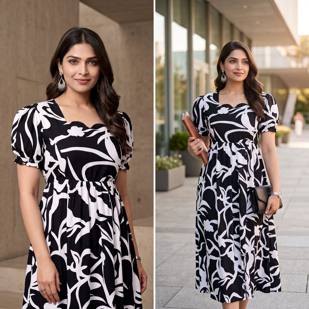 Black & White Abstract Print Maternity Dress – Scallop Sweetheart Neck, Puff Sleeves, Empire Waist, Premium Cotton