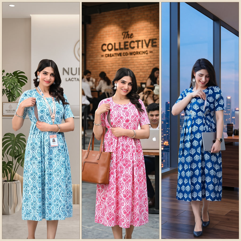 Feeding Nursing Dress Combo Set of 3 – Indian Block Print Collection | Indigo + Coral + Cyan | Cotton Maternity Wear