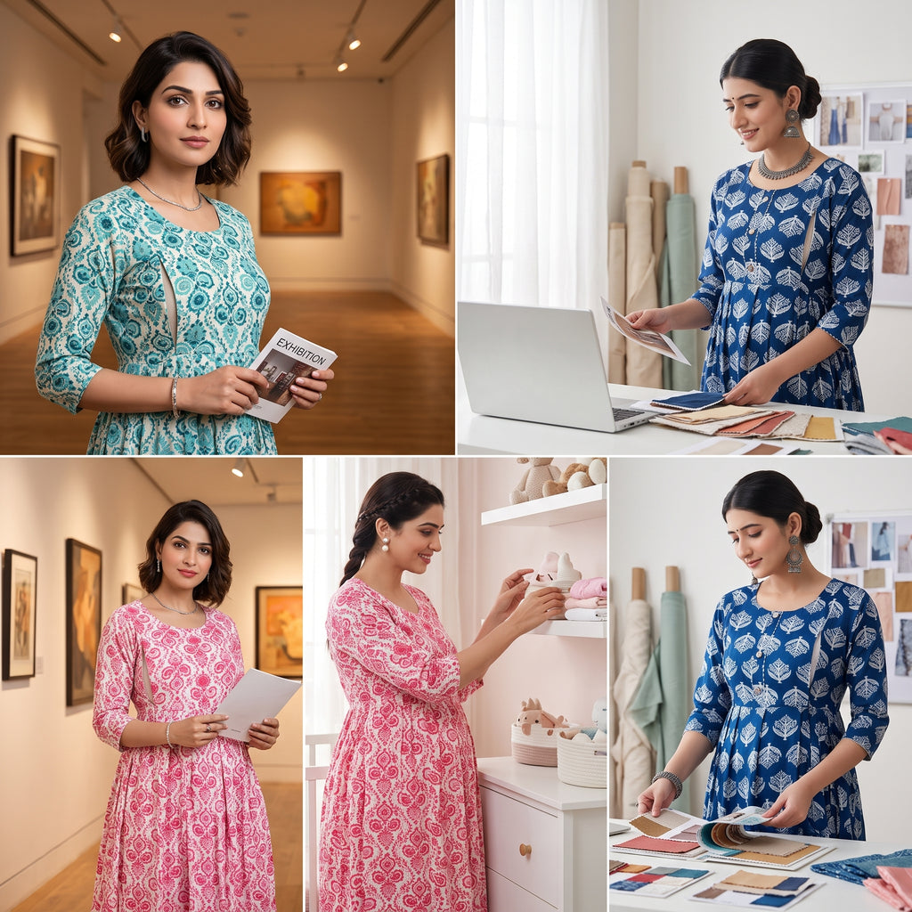 Feeding Nursing Dress Combo Set of 3 – Indian Block Print Collection | Indigo + Coral + Cyan | Cotton Maternity Wear