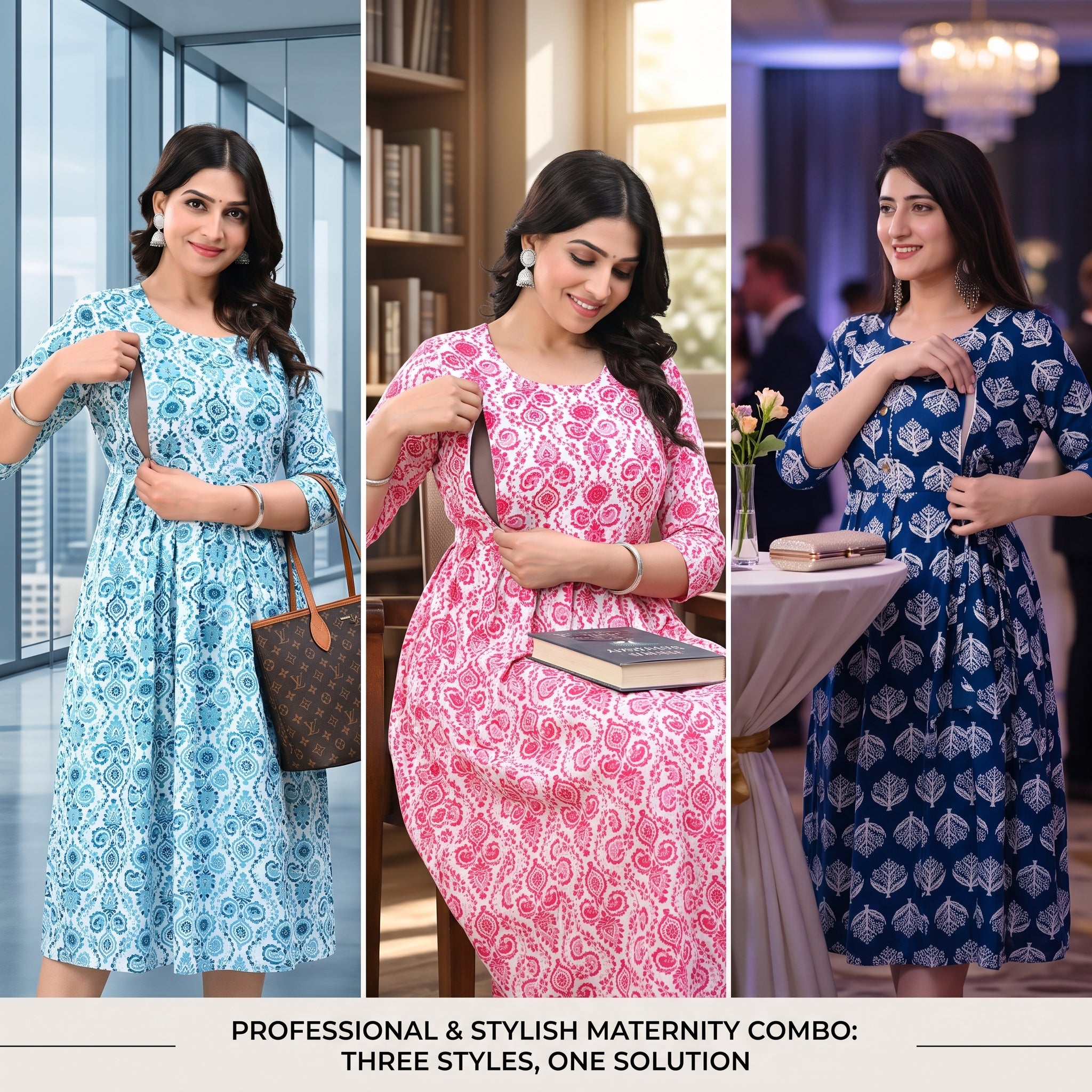 Feeding Nursing Dress Combo Set of 3 – Indian Block Print Collection | Indigo + Coral + Cyan | Cotton Maternity Wear