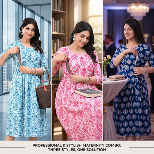 Feeding Nursing Dress Combo Set of 3 – Indian Block Print Collection | Indigo + Coral + Cyan | Cotton Maternity Wear