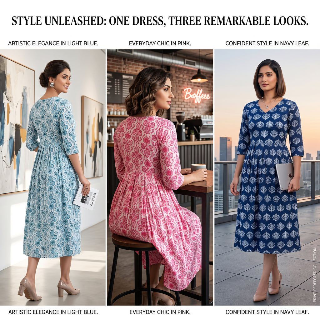 Feeding Nursing Dress Combo Set of 3 – Indian Block Print Collection | Indigo + Coral + Cyan | Cotton Maternity Wear