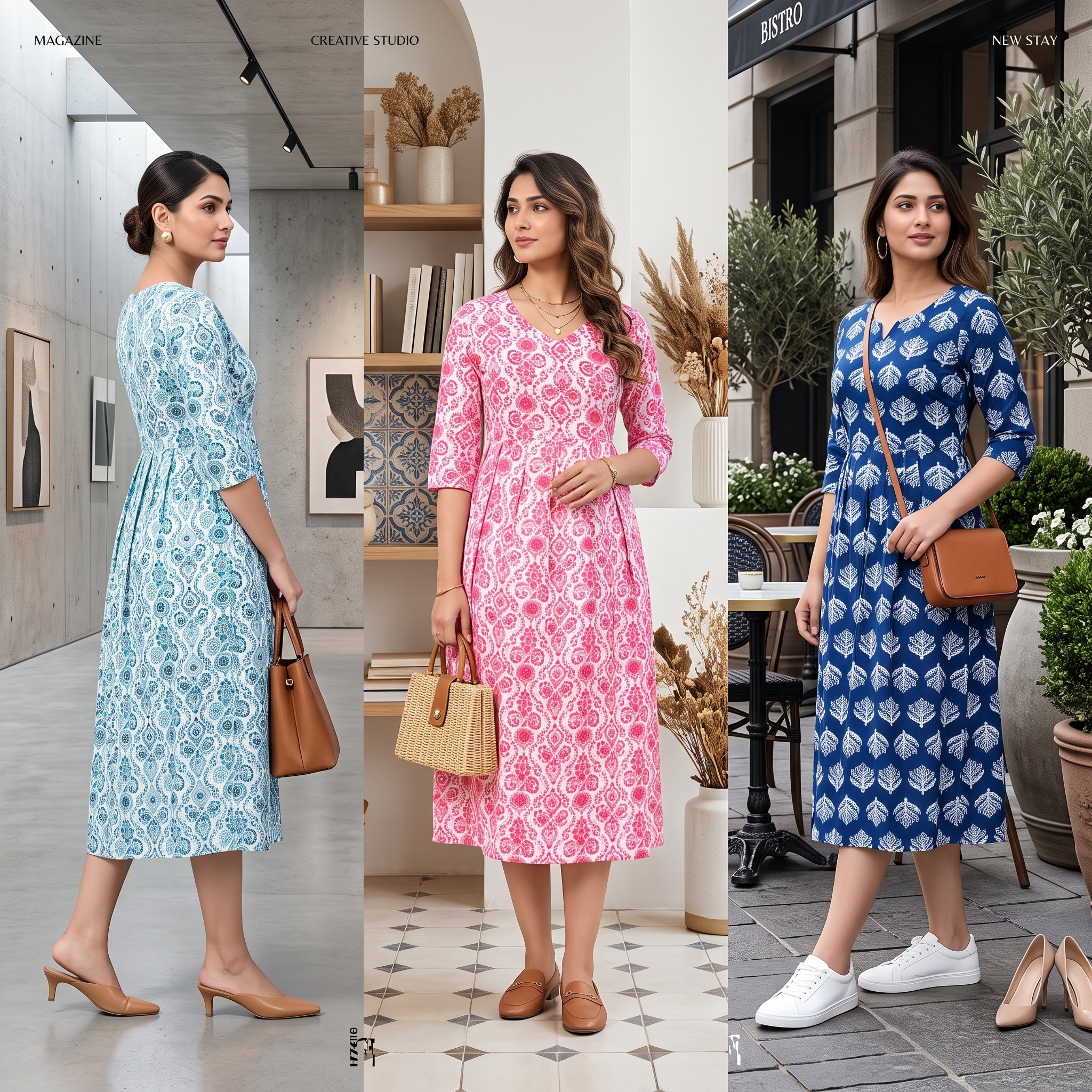 Feeding Nursing Dress Combo Set of 3 – Indian Block Print Collection | Indigo + Coral + Cyan | Cotton Maternity Wear