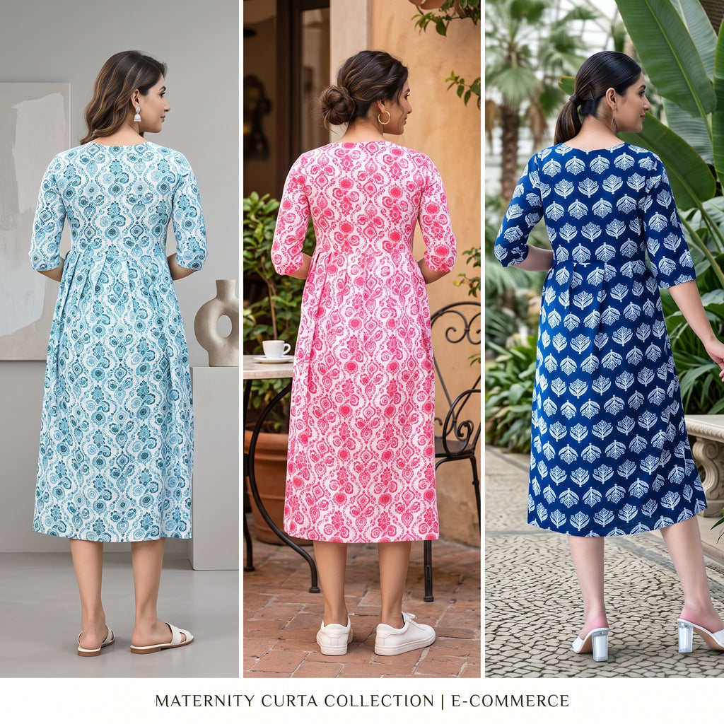 Feeding Nursing Dress Combo Set of 3 – Indian Block Print Collection | Indigo + Coral + Cyan | Cotton Maternity Wear