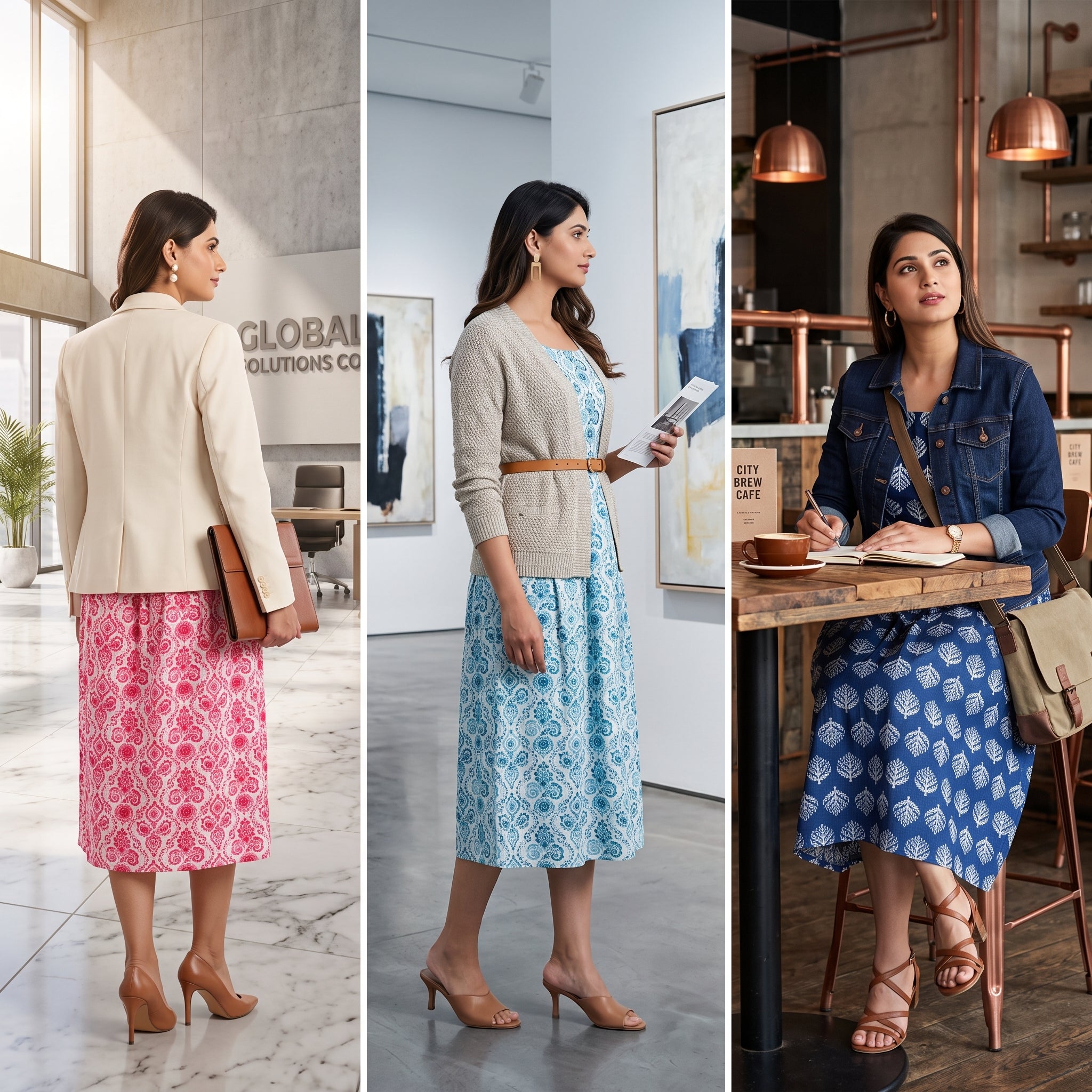 Feeding Nursing Dress Combo Set of 3 – Indian Block Print Collection | Indigo + Coral + Cyan | Cotton Maternity Wear