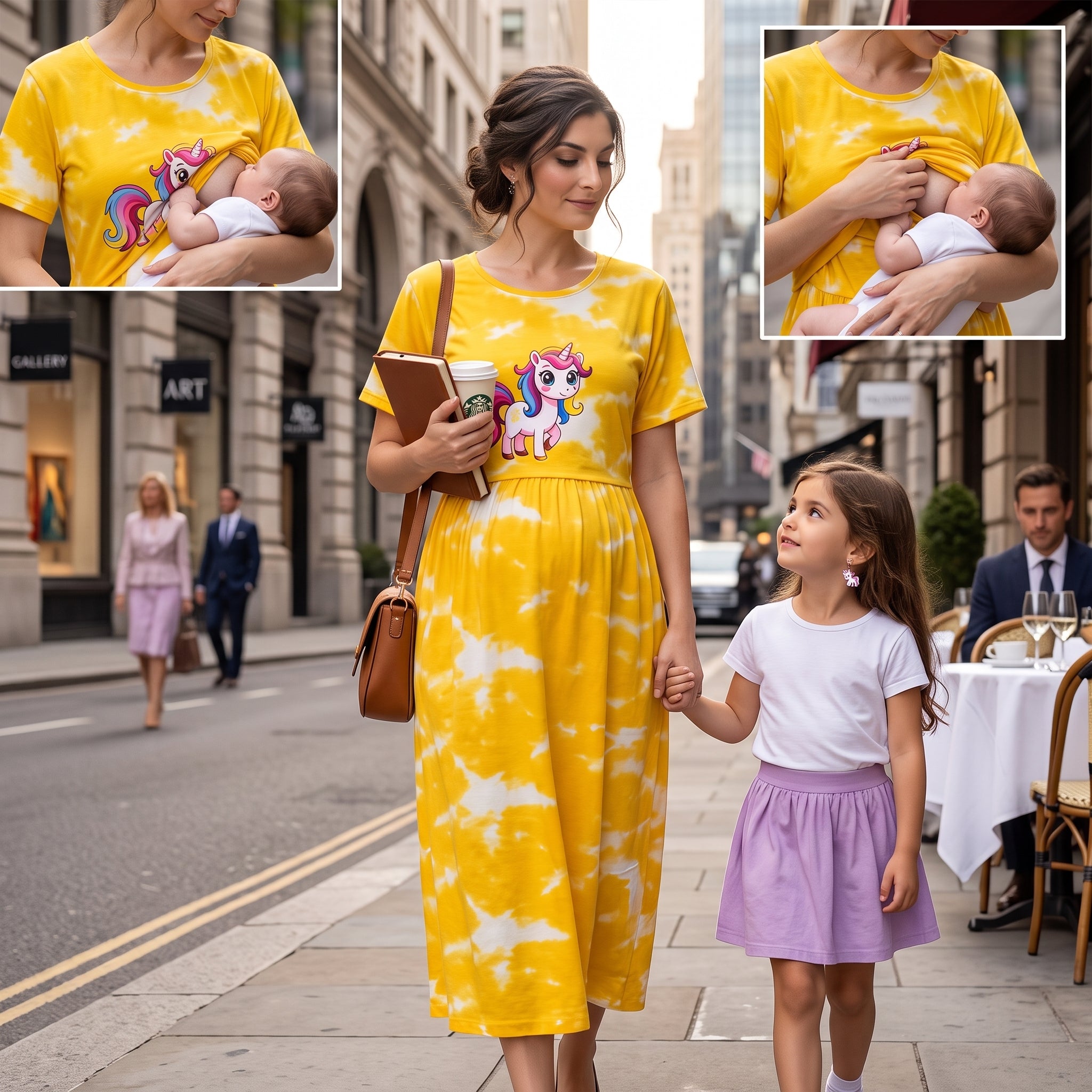 Yellow Tie-Dye Unicorn Print Maternity Maxi Dress – Casual Pregnancy Wear, Round Neck, Short Sleeves