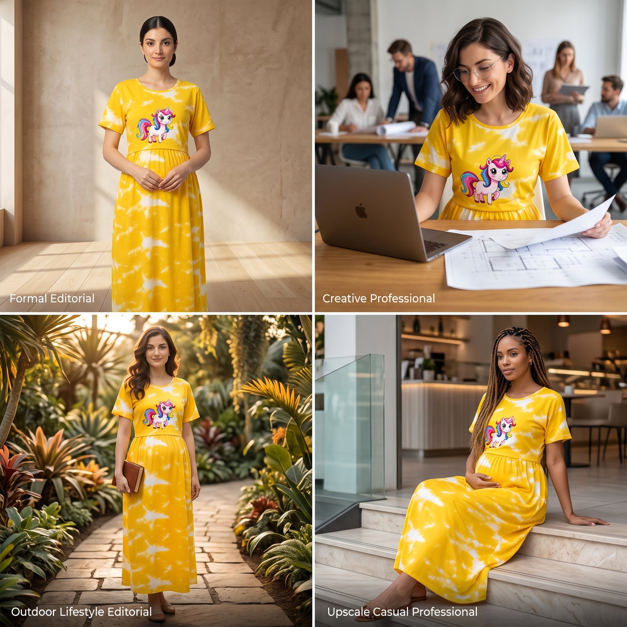 Yellow Tie-Dye Unicorn Print Maternity Maxi Dress – Casual Pregnancy Wear, Round Neck, Short Sleeves