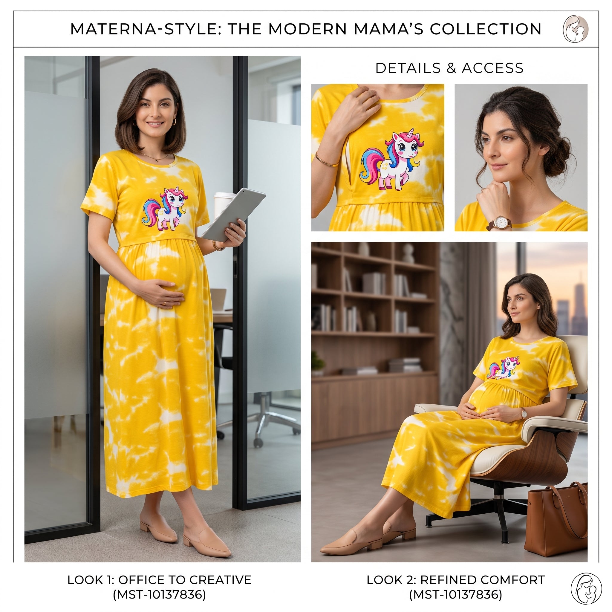 Yellow Tie-Dye Unicorn Print Maternity Maxi Dress – Casual Pregnancy Wear, Round Neck, Short Sleeves