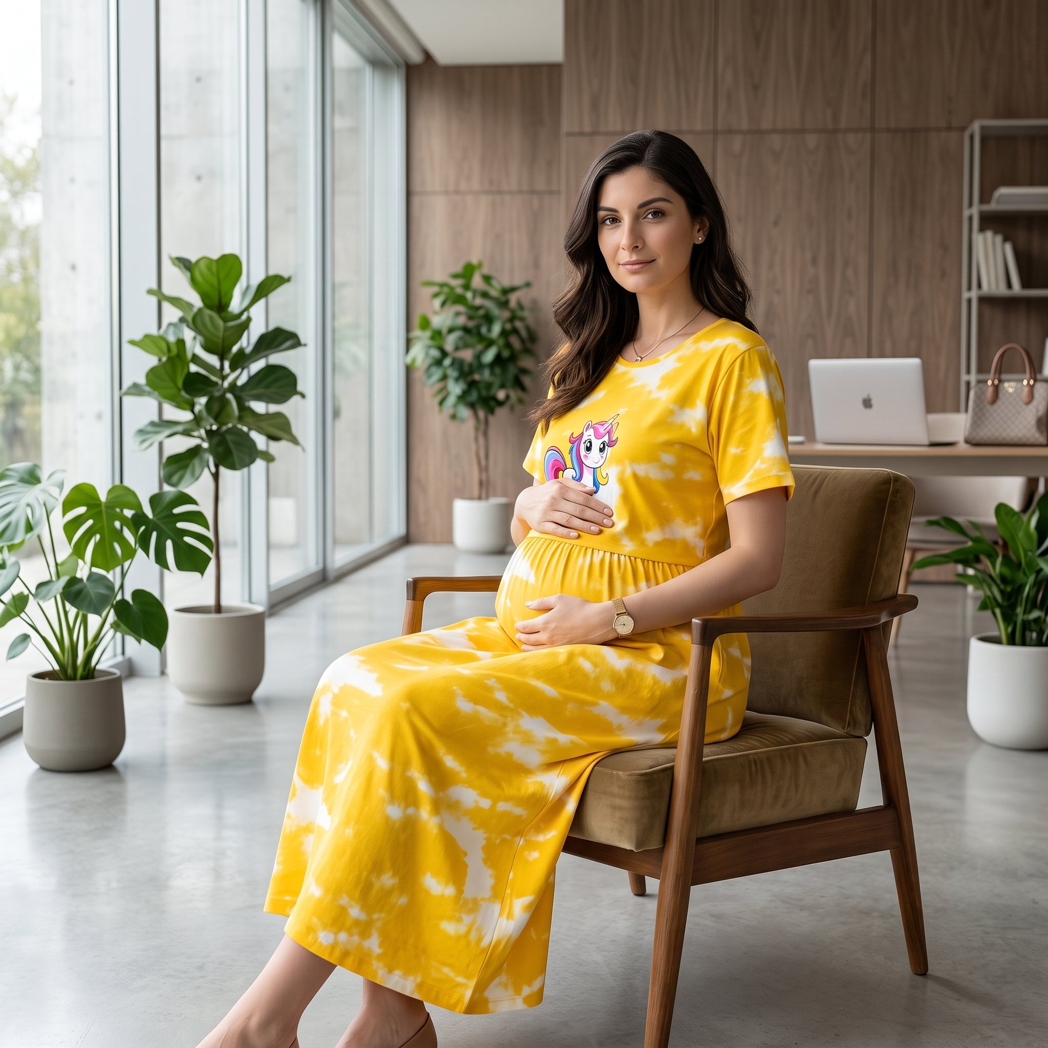 Yellow Tie-Dye Unicorn Print Maternity Maxi Dress – Casual Pregnancy Wear, Round Neck, Short Sleeves