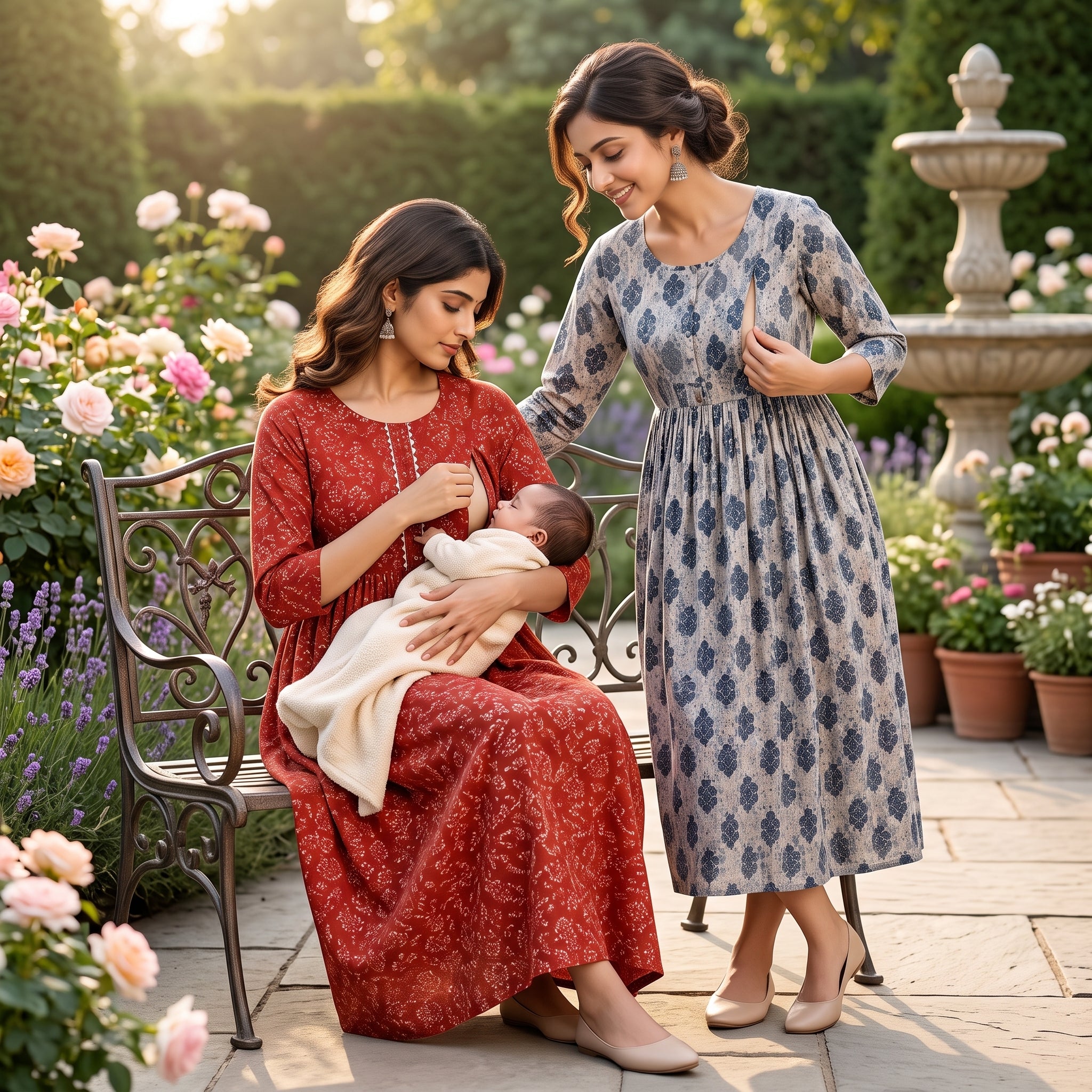 Feeding Maternity Dress Combo Set of 2 – Indian Heritage Print Collection | Rust Red + Navy Blue OR Emerald Green + Sky Blue | Cotton Anarkali Gown
