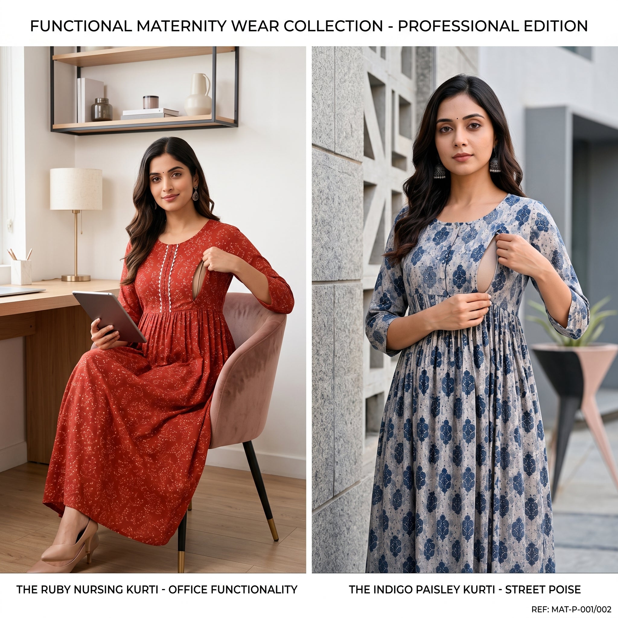Feeding Maternity Dress Combo Set of 2 – Indian Heritage Print Collection | Rust Red + Navy Blue OR Emerald Green + Sky Blue | Cotton Anarkali Gown