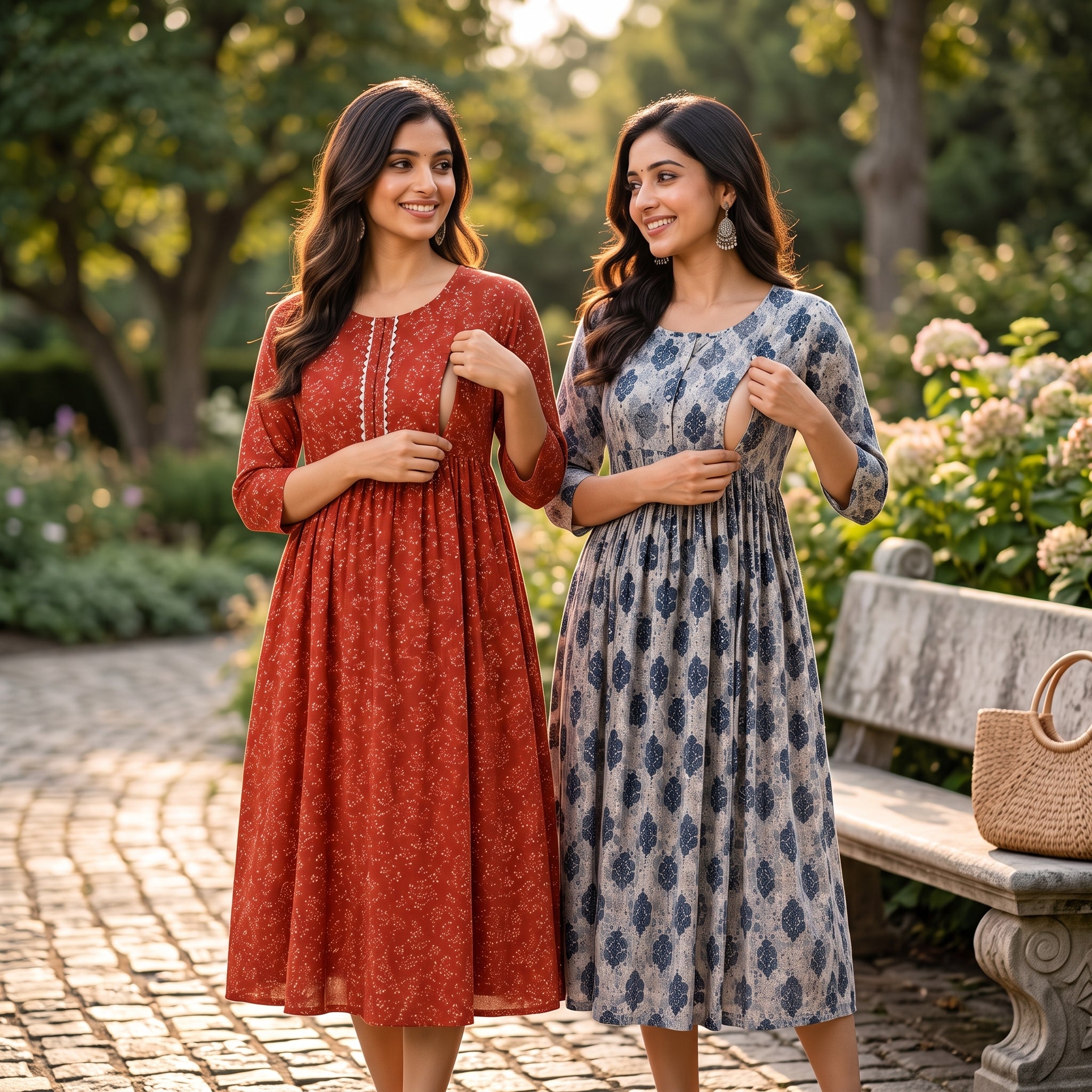 Feeding Maternity Dress Combo Set of 2 – Indian Heritage Print Collection | Rust Red + Navy Blue OR Emerald Green + Sky Blue | Cotton Anarkali Gown