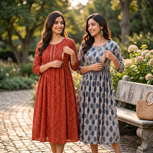 Feeding Maternity Dress Combo Set of 2 – Indian Heritage Print Collection | Rust Red + Navy Blue OR Emerald Green + Sky Blue | Cotton Anarkali Gown
