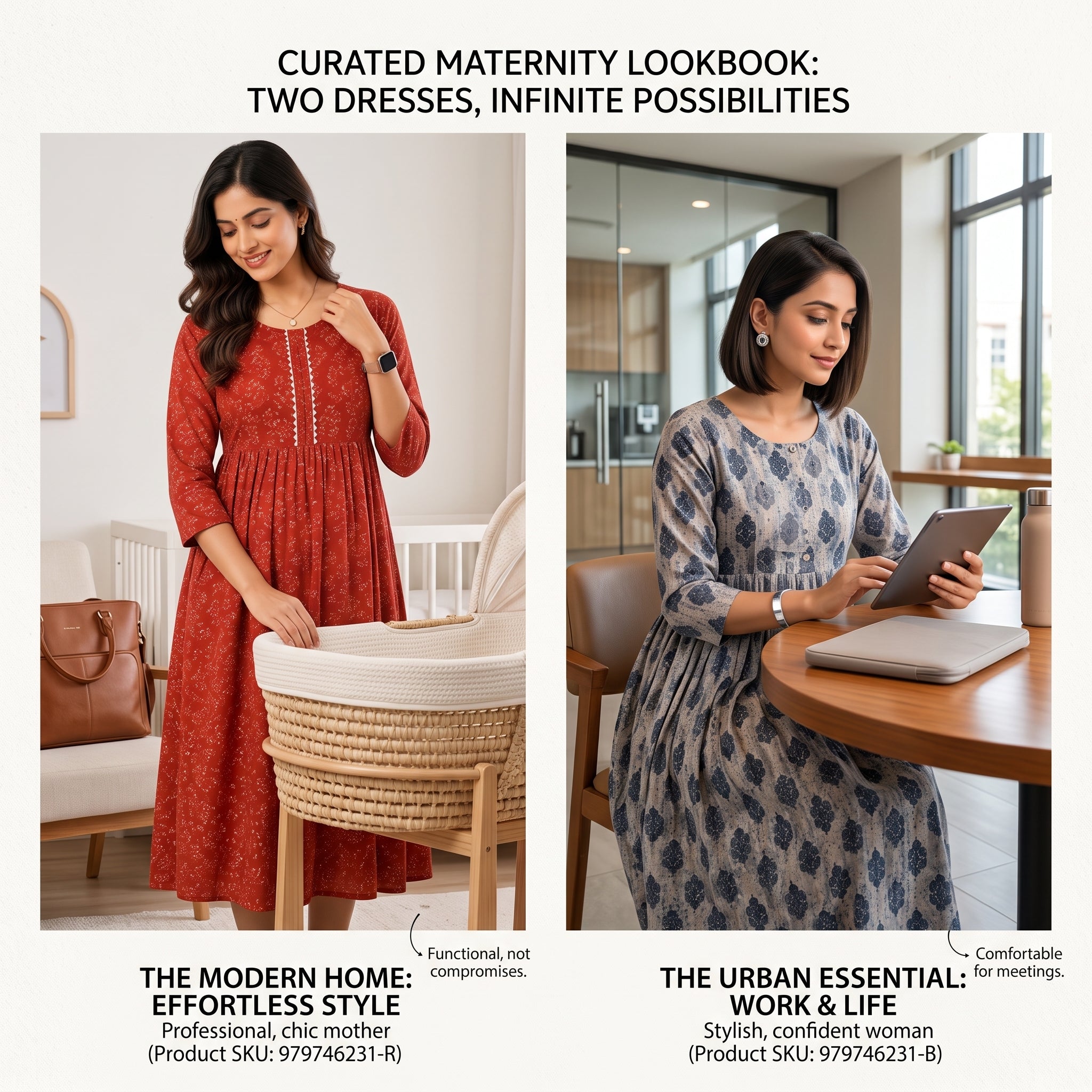 Feeding Maternity Dress Combo Set of 2 – Indian Heritage Print Collection | Rust Red + Navy Blue OR Emerald Green + Sky Blue | Cotton Anarkali Gown