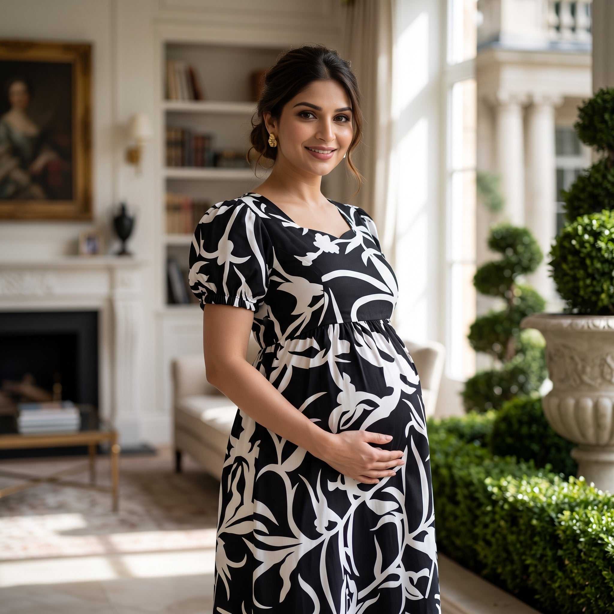 Black & White Abstract Print Maternity Dress – Scallop Sweetheart Neck, Puff Sleeves, Empire Waist, Premium Cotton