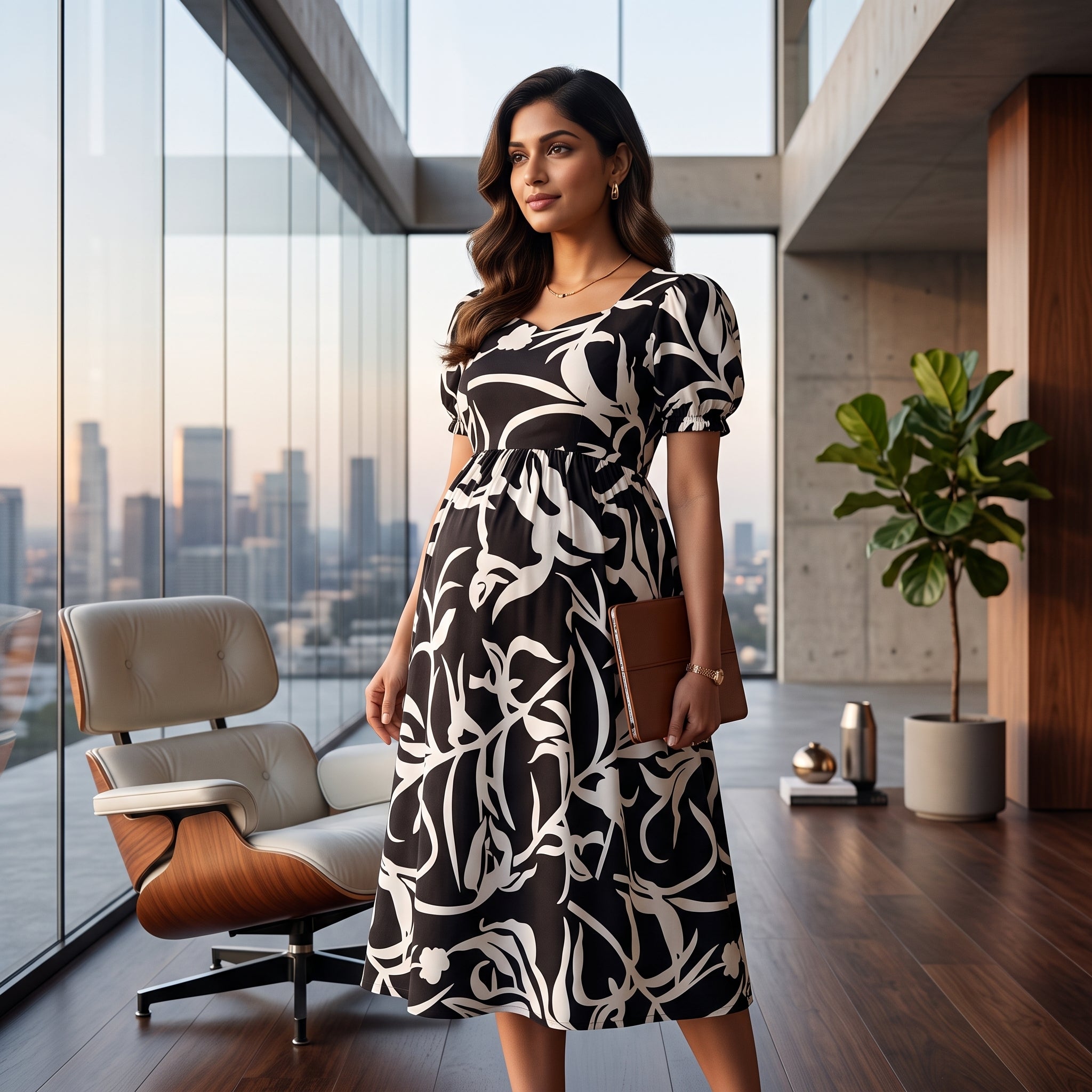 Black & White Abstract Print Maternity Dress – Scallop Sweetheart Neck, Puff Sleeves, Empire Waist, Premium Cotton