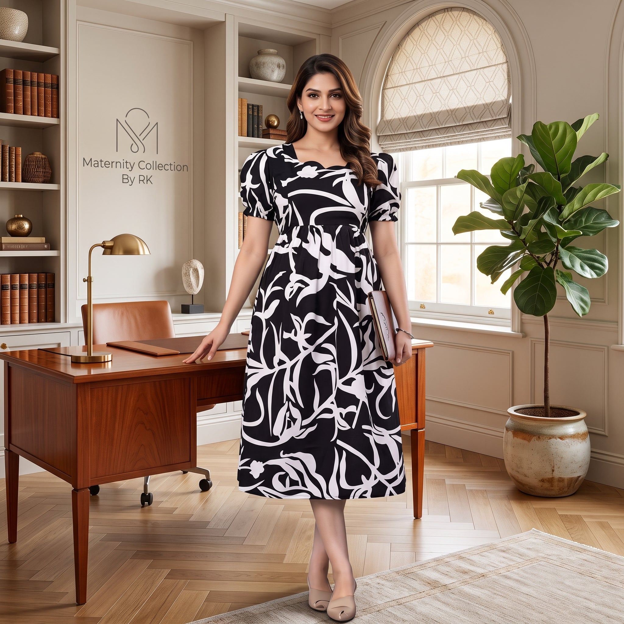 Black & White Abstract Print Maternity Dress – Scallop Sweetheart Neck, Puff Sleeves, Empire Waist, Premium Cotton