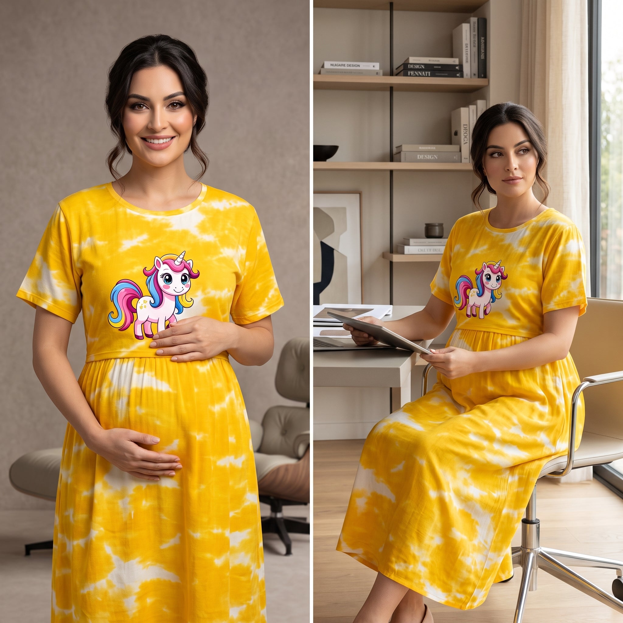 Yellow Tie-Dye Unicorn Print Maternity Maxi Dress – Casual Pregnancy Wear, Round Neck, Short Sleeves
