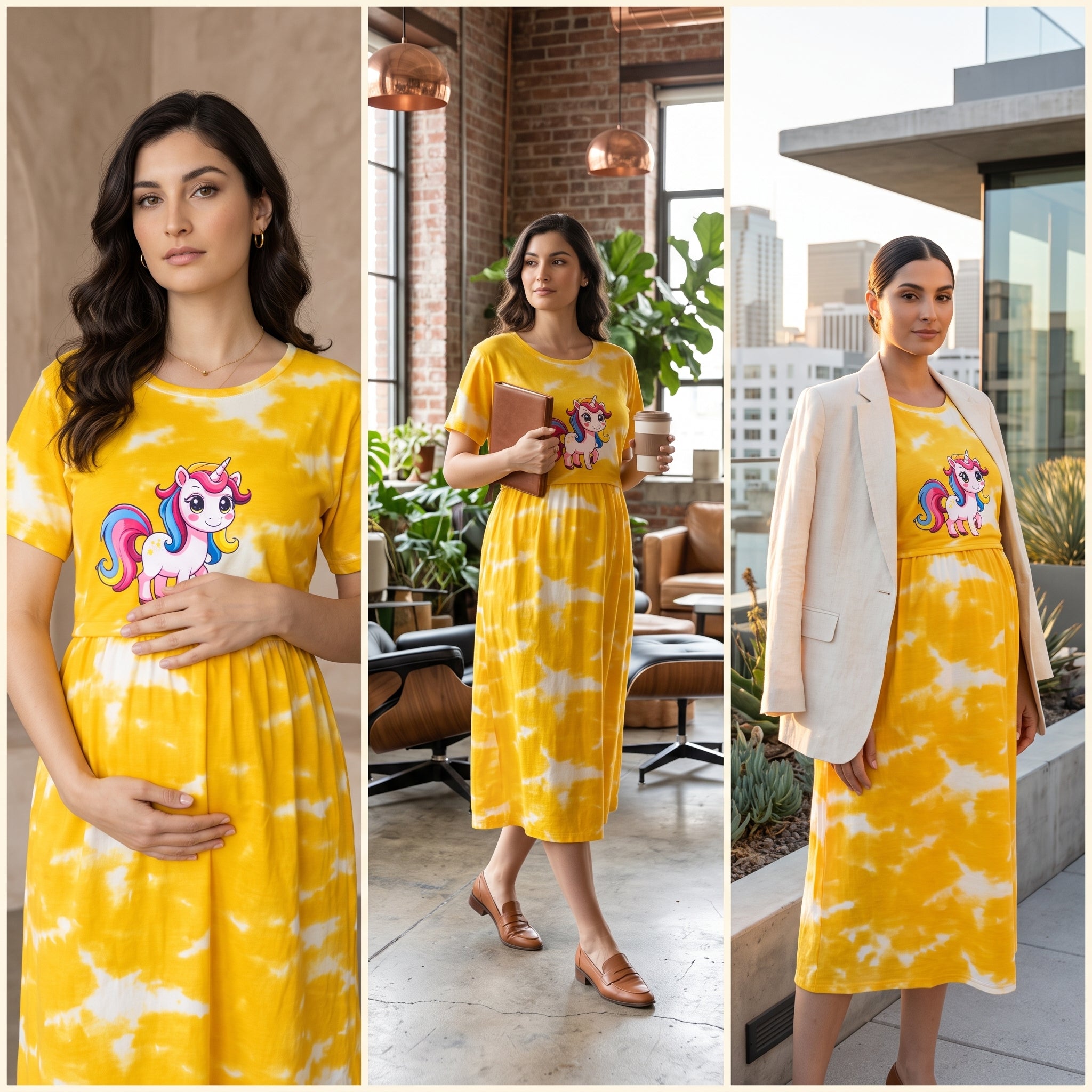 Yellow Tie-Dye Unicorn Print Maternity Maxi Dress – Casual Pregnancy Wear, Round Neck, Short Sleeves