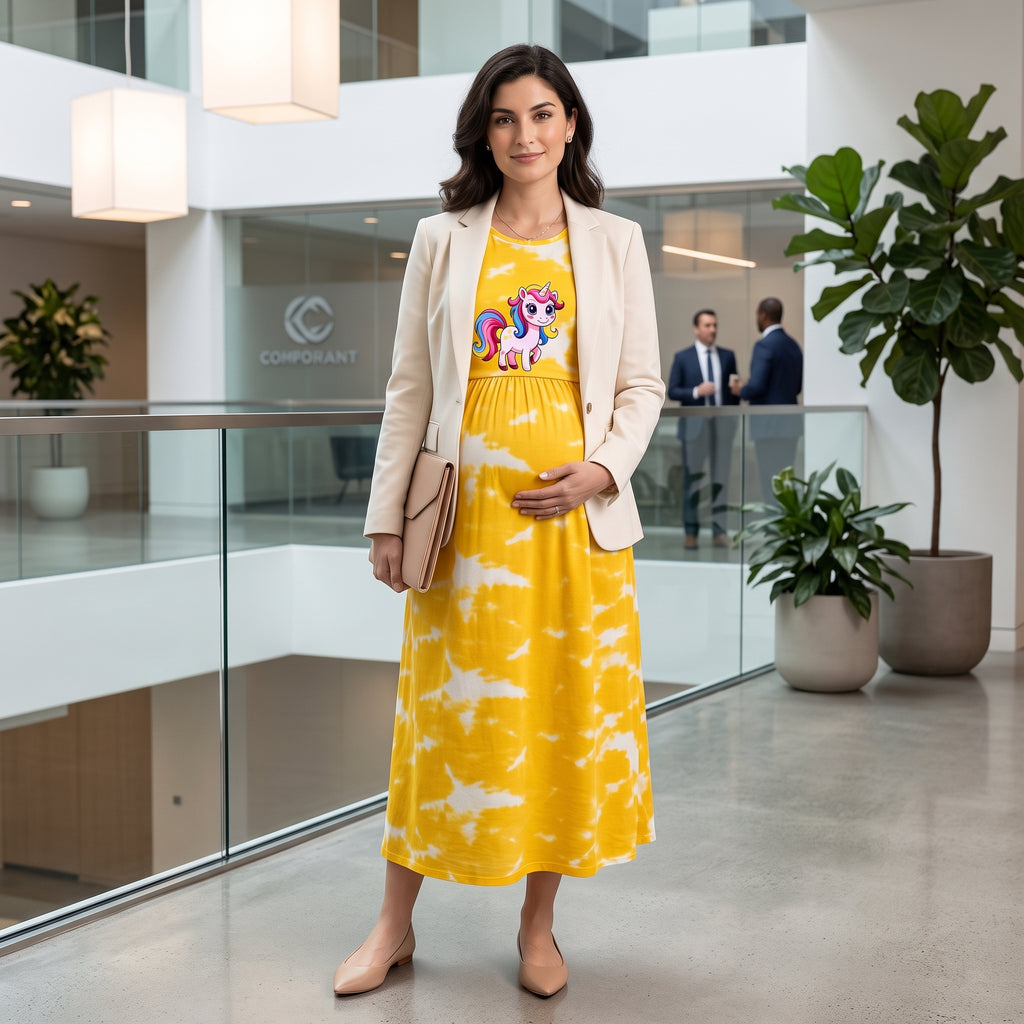 Yellow Tie-Dye Unicorn Print Maternity Maxi Dress – Casual Pregnancy Wear, Round Neck, Short Sleeves