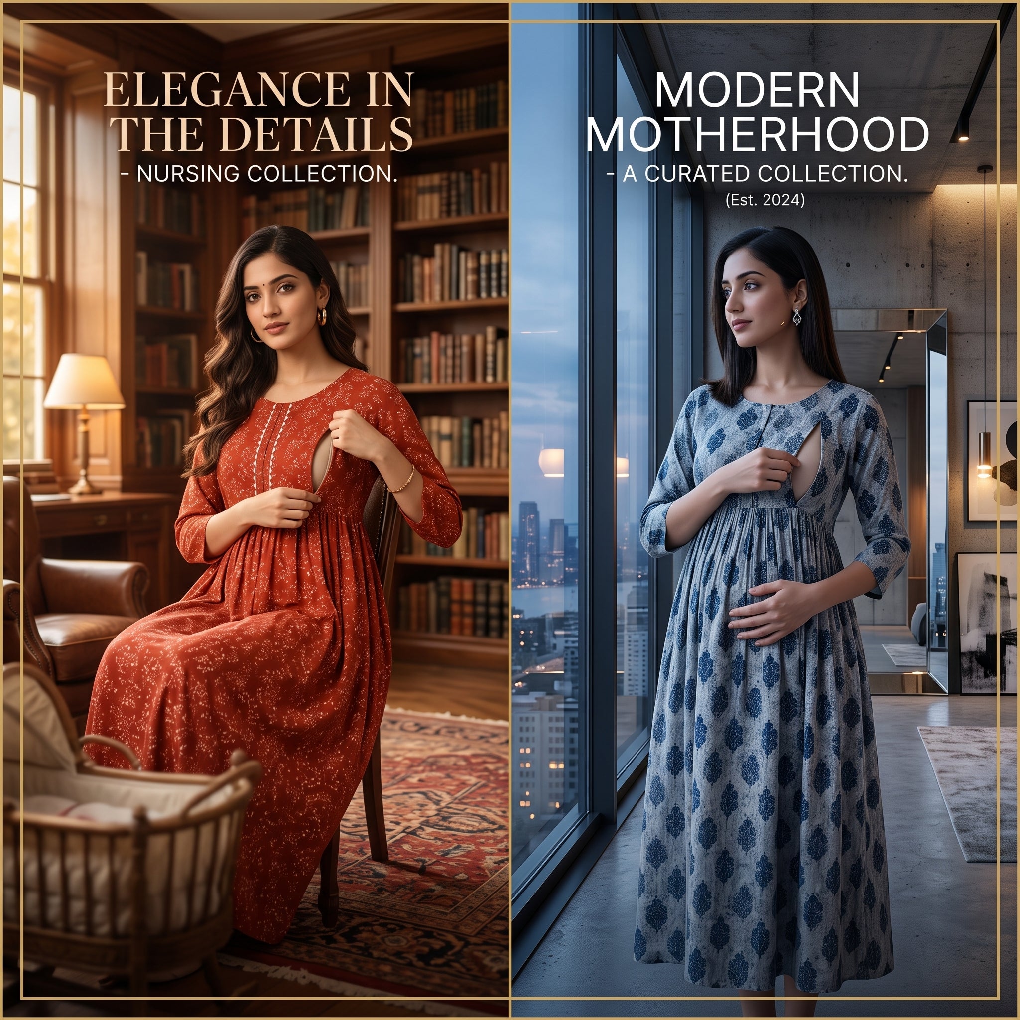 Feeding Maternity Dress Combo Set of 2 – Indian Heritage Print Collection | Rust Red + Navy Blue OR Emerald Green + Sky Blue | Cotton Anarkali Gown