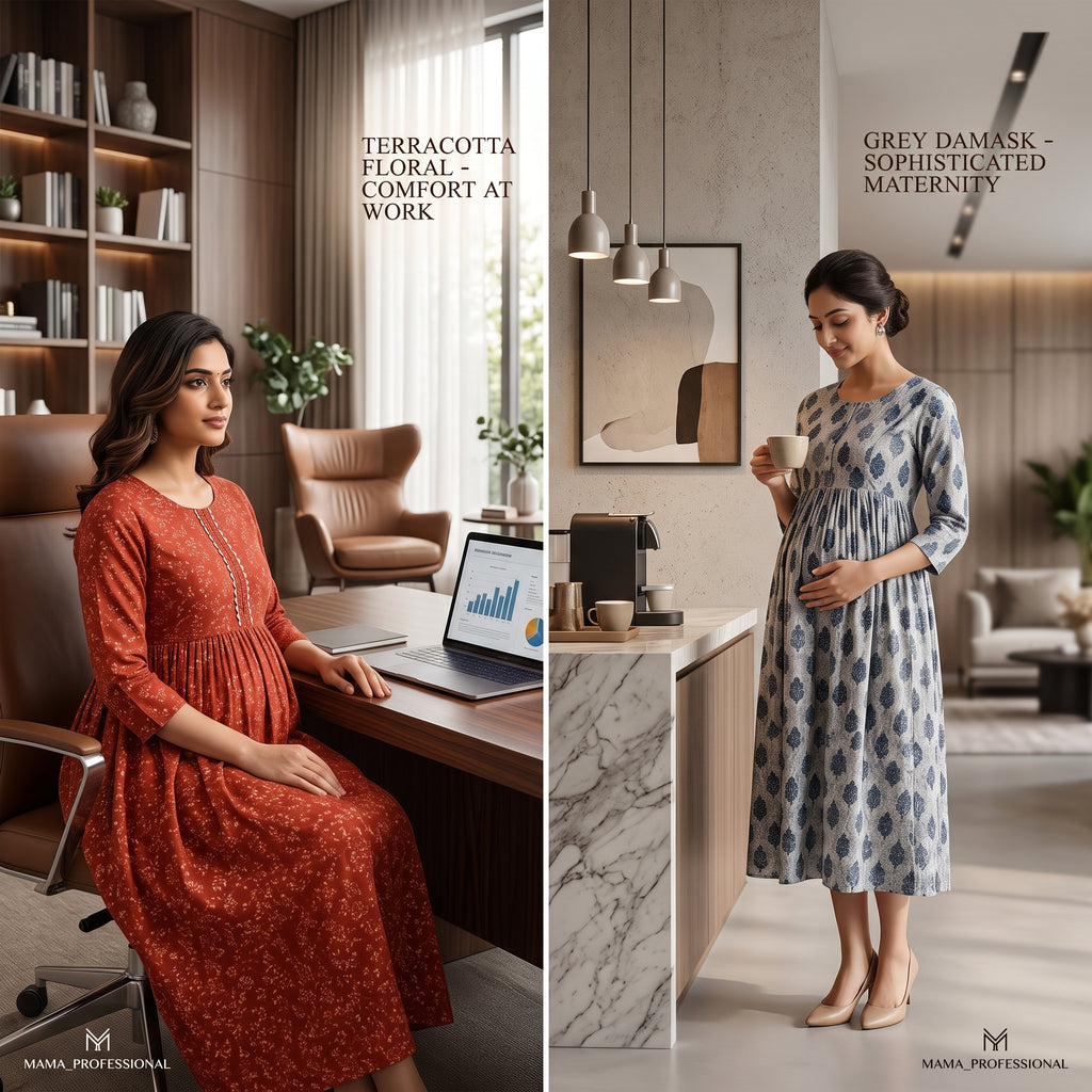 Feeding Maternity Dress Combo Set of 2 – Indian Heritage Print Collection | Rust Red + Navy Blue OR Emerald Green + Sky Blue | Cotton Anarkali Gown