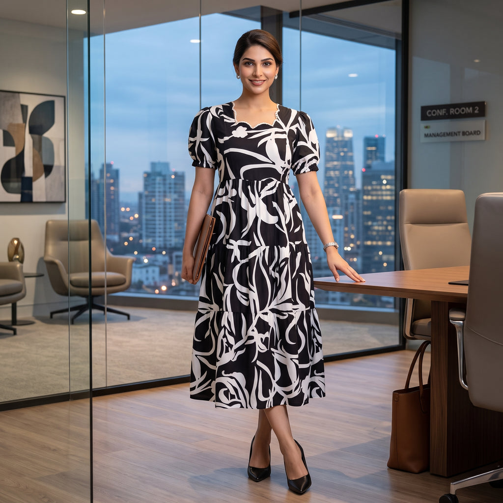 Black & White Abstract Print Maternity Dress – Scallop Sweetheart Neck, Puff Sleeves, Empire Waist, Premium Cotton
