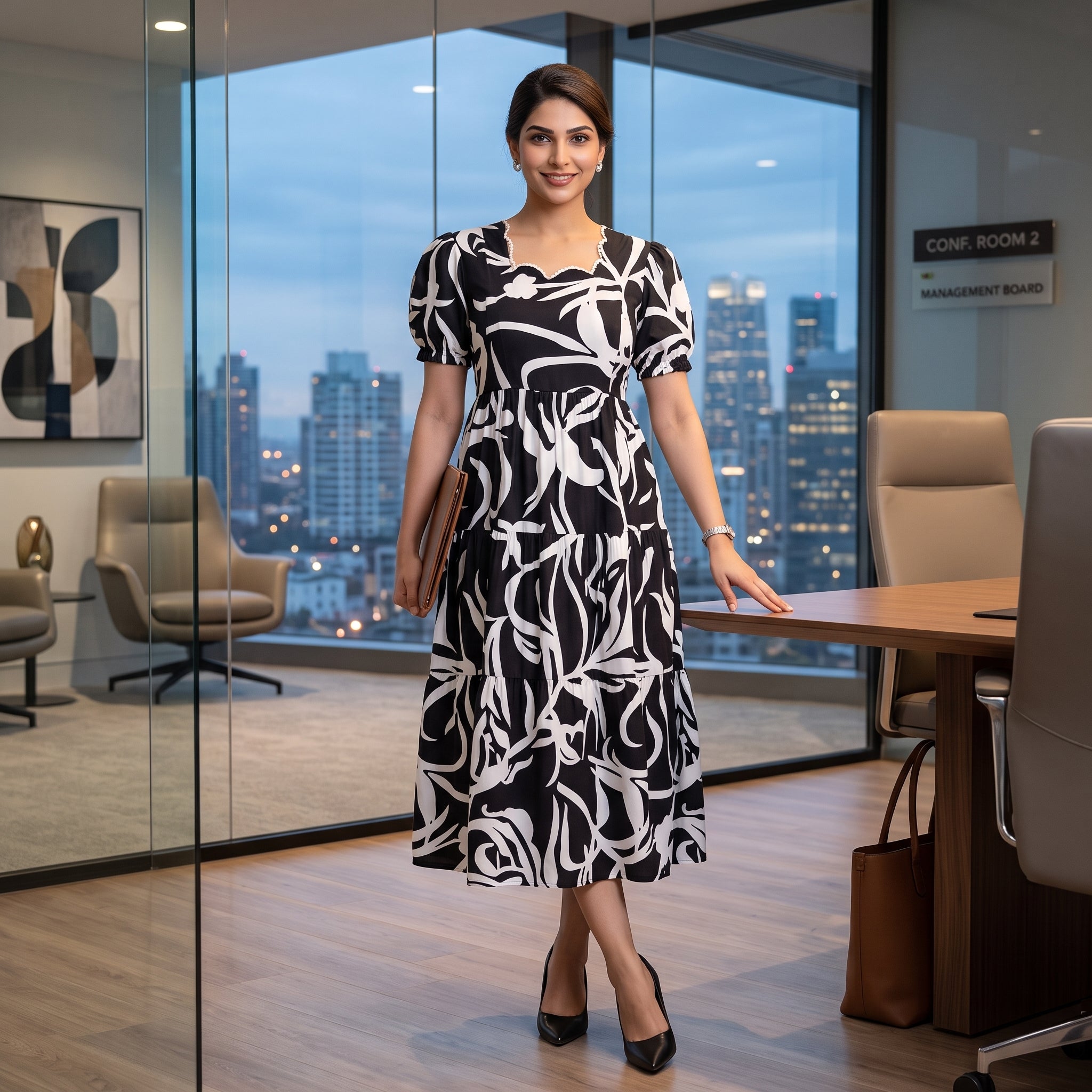 Black & White Abstract Print Maternity Dress – Scallop Sweetheart Neck, Puff Sleeves, Empire Waist, Premium Cotton