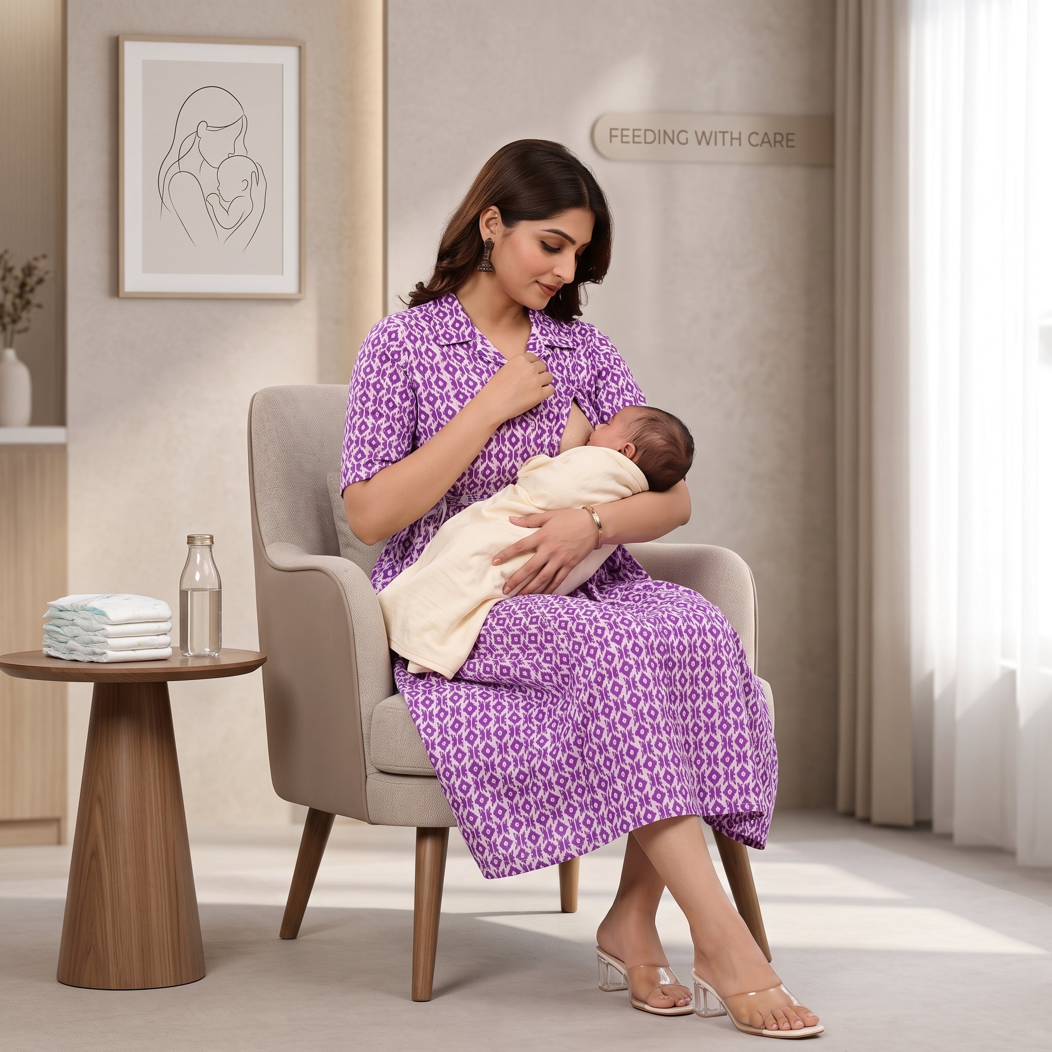 Purple Ikat Print Feeding Kurti Dress – Button Front Access, Collar Neck, Drawstring Waist, Soft Cotton
