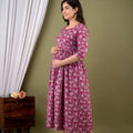 Pink Floral Maternity Maxi Dress with Adjustable Waist Belt – Anarkali Style Feeding Gown