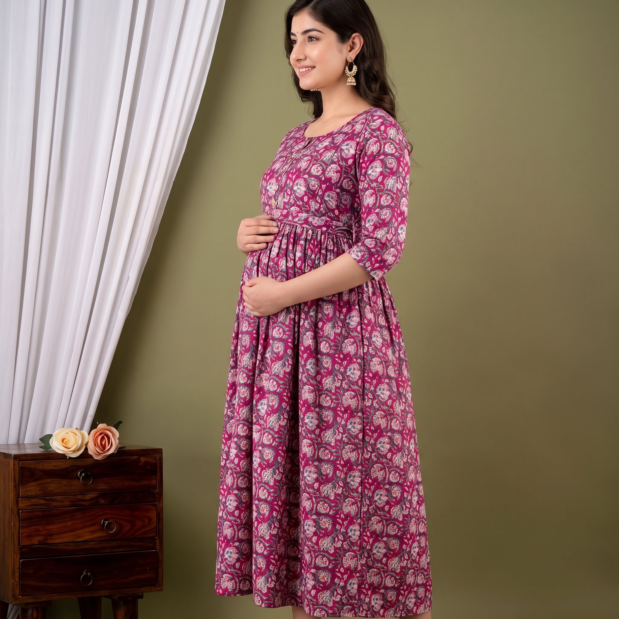 Pink Floral Maternity Maxi Dress with Adjustable Waist Belt – Anarkali Style Feeding Gown