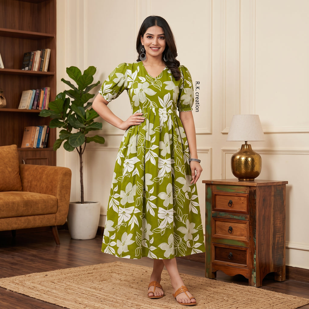 Olive Green Floral Maternity Midi Dress – V-Neck Puff Sleeve A-Line Feeding Gown