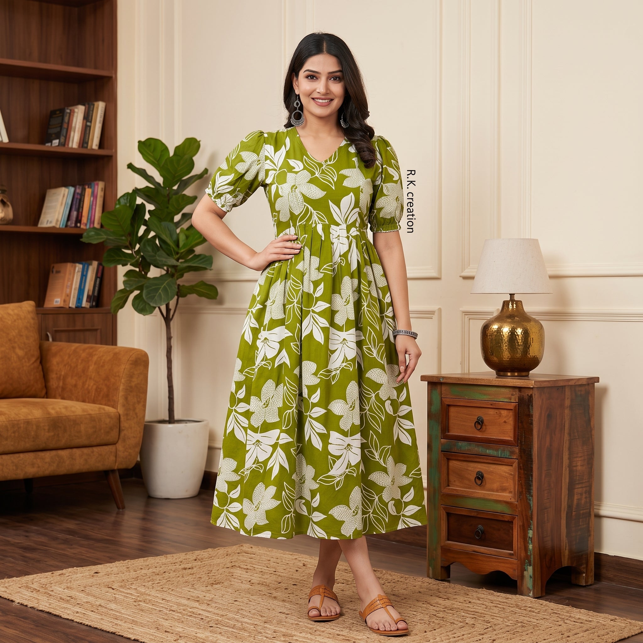 Olive Green Floral Maternity Midi Dress – V-Neck Puff Sleeve A-Line Feeding Gown