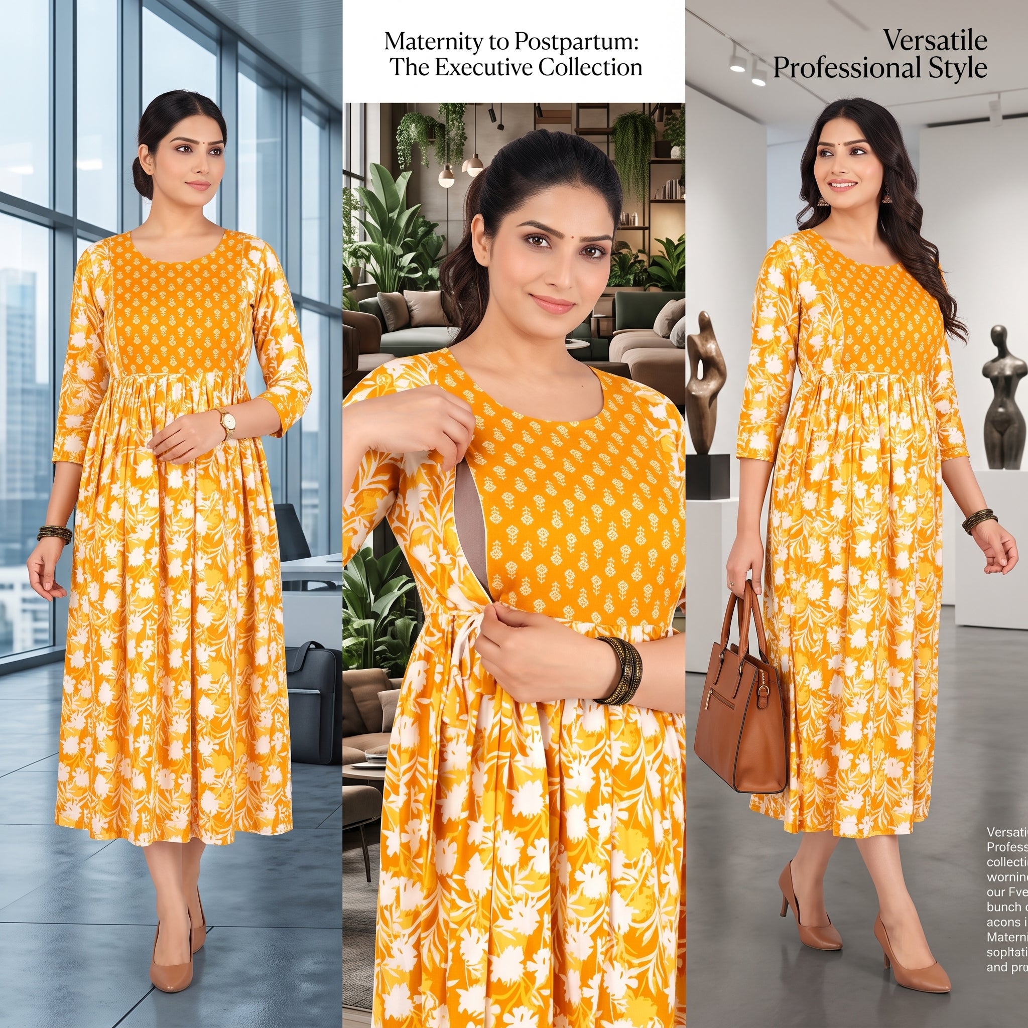 Mustard Yellow Floral Feeding Maternity Anarkali Dress – Hidden Zip Access, Drawstring Waist, 3/4 Sleeves