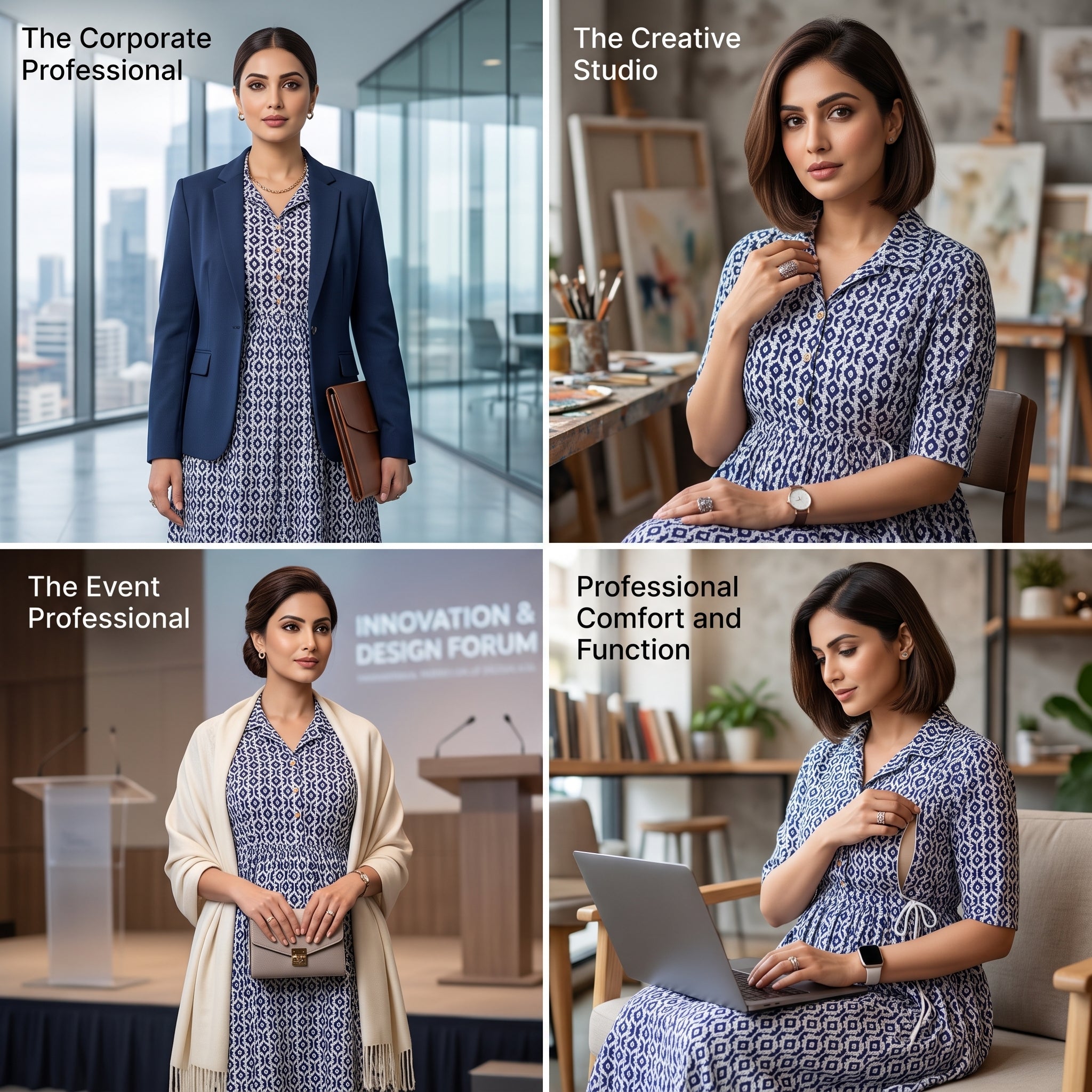 Navy Blue Ikat Print Feeding Kurti Dress – Button Front Access, Collar Neck, Drawstring Waist