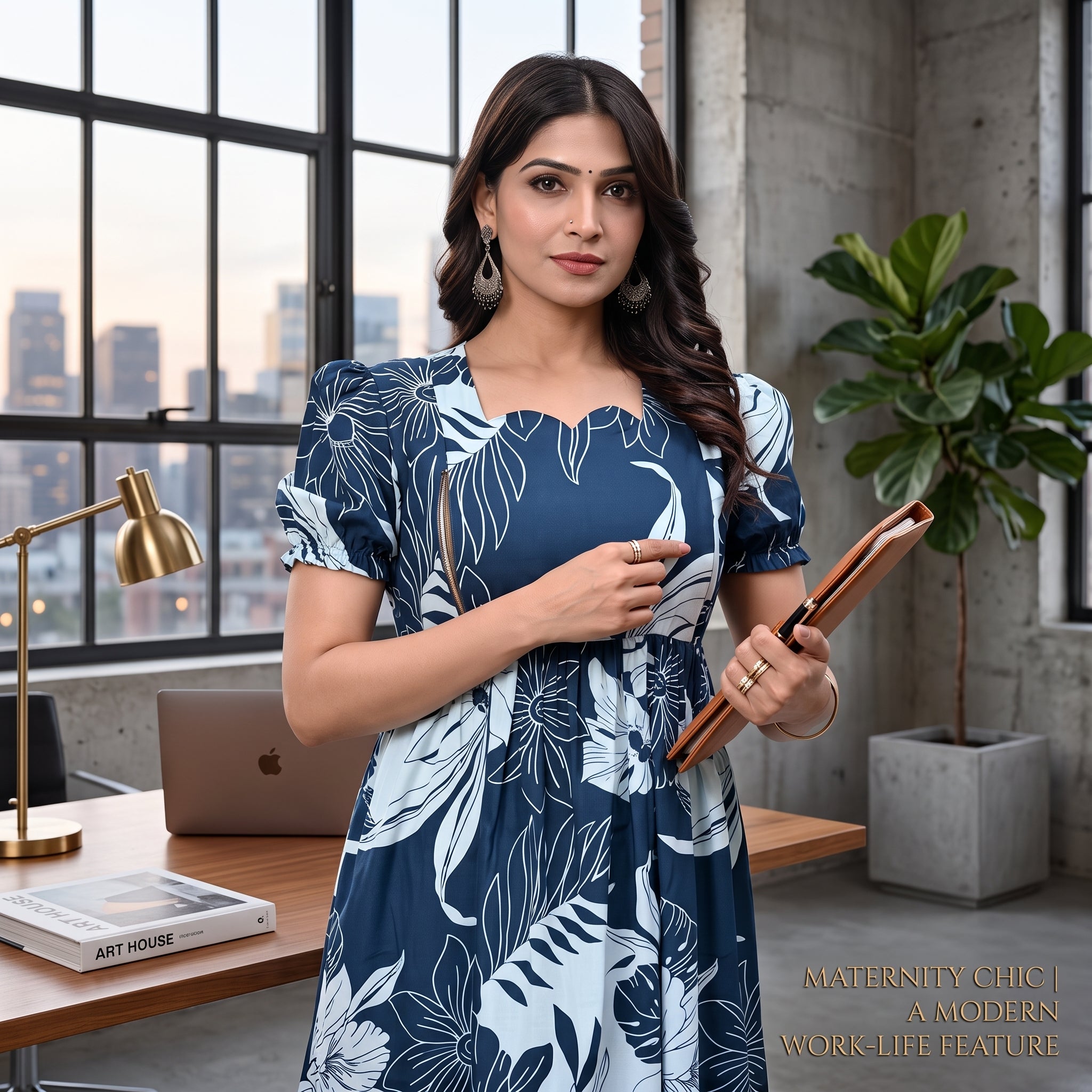 Navy Blue Tropical Floral Feeding Dress – Hidden Zip Access, Puff Sleeves, Scallop Neck, Empire Waist