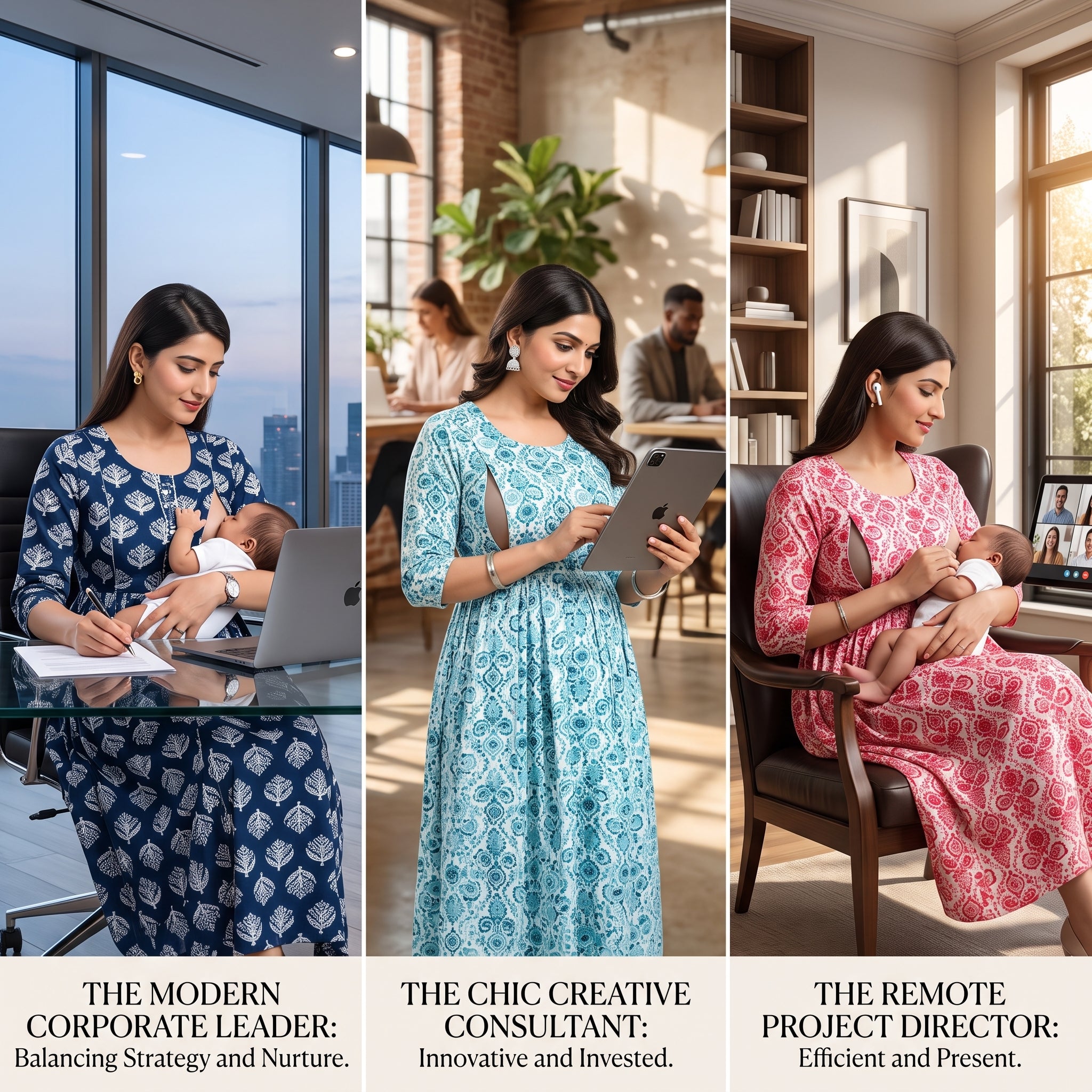 Feeding Nursing Dress Combo Set of 3 – Indian Block Print Collection | Indigo + Coral + Cyan | Cotton Maternity Wear