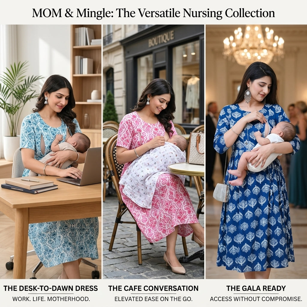 Feeding Nursing Dress Combo Set of 3 – Indian Block Print Collection | Indigo + Coral + Cyan | Cotton Maternity Wear