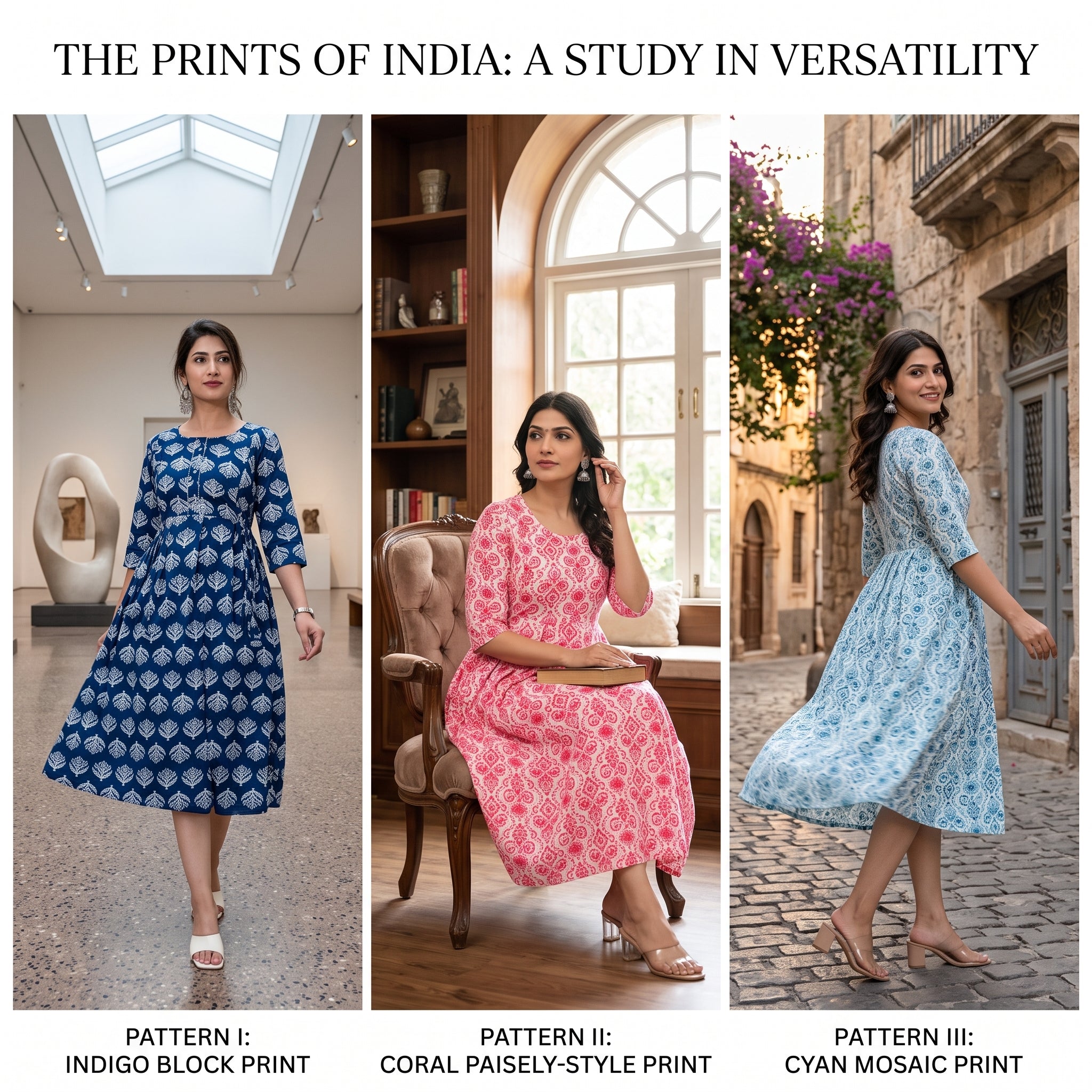 Feeding Nursing Dress Combo Set of 3 – Indian Block Print Collection | Indigo + Coral + Cyan | Cotton Maternity Wear